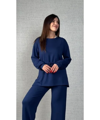 Kadın Uzun Kollu Bisiklet Yaka Belden Büzgülü Bağcıklı Viskon Iki Iplik Bluz Ve Pantolon Ikili Takım