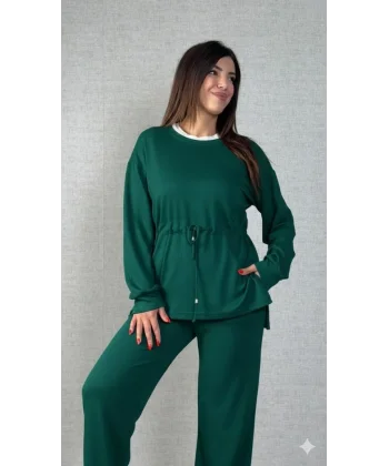 Kadın Uzun Kollu Bisiklet Yaka Belden Büzgülü Bağcıklı Viskon Iki Iplik Bluz Ve Pantolon Ikili Takım