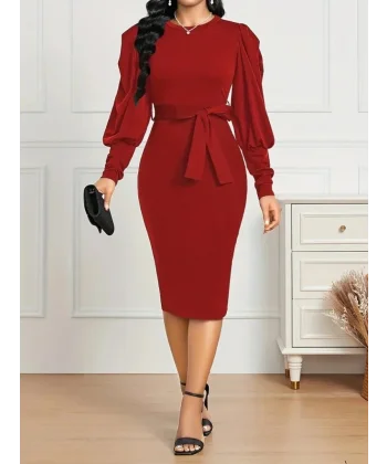 Kadın Uzun Kollu Bisiklet Yaka Beli Kuşaklı Ithal Krep Midi Elbise