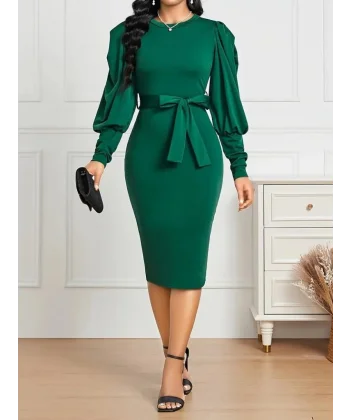 Kadın Uzun Kollu Bisiklet Yaka Beli Kuşaklı Ithal Krep Midi Elbise