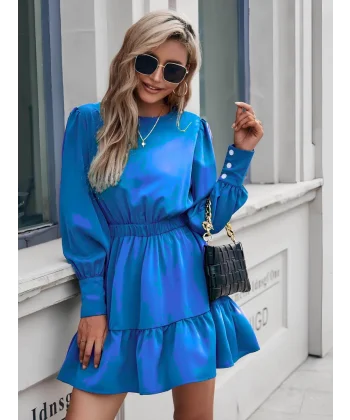 Kadın Uzun Kollu Bisiklet Yaka Beli Lastikli Fırfırlı Ithal Krep Elbise