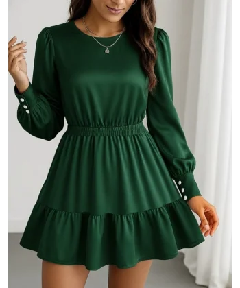 Kadın Uzun Kollu Bisiklet Yaka Beli Lastikli Fırfırlı Ithal Krep Elbise