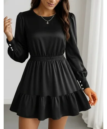 Kadın Uzun Kollu Bisiklet Yaka Beli Lastikli Fırfırlı Ithal Krep Elbise