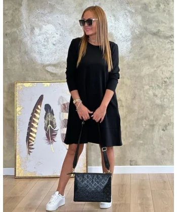 Kadın Uzun Kollu Bisiklet Yaka Cep Detay Etek Ucu Volanlı Iki Iplik Elbise