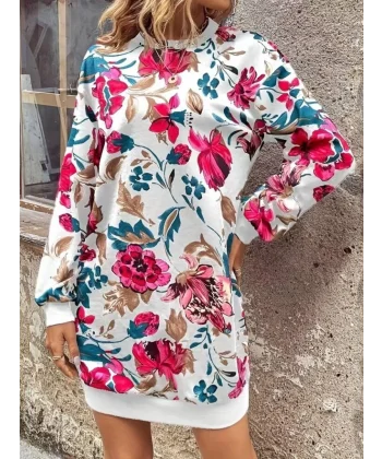 Kadın Uzun Kollu Bisiklet Yaka çiçek Baskılı şardonlu Dalgıç Elbise