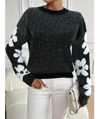 Kadın Uzun Kollu Bisiklet Yaka çiçek Desenli Triko Bluz