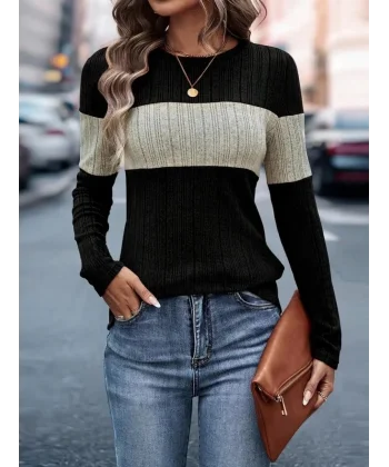 Kadın Uzun Kollu Bisiklet Yaka çift Renkli Triko Bluz