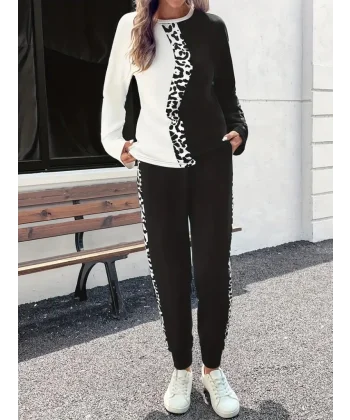 Kadın Uzun Kollu Bisiklet Yaka çift Renkli Viskon Iki Iplik Bluz Ve Pantolon Ikili Takım