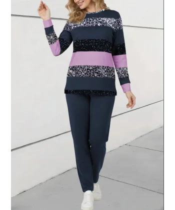 Kadın Uzun Kollu Bisiklet Yaka çizgili Desen Iki Iplik Bluz Ve Pantolon Ikili Takım