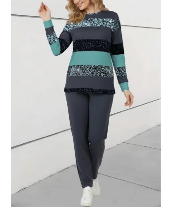 Kadın Uzun Kollu Bisiklet Yaka çizgili Desen Iki Iplik Bluz Ve Pantolon Ikili Takım
