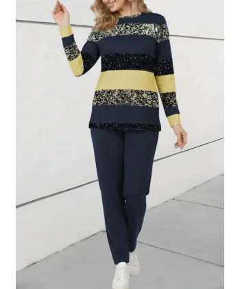 Kadın Uzun Kollu Bisiklet Yaka çizgili Desen Iki Iplik Bluz Ve Pantolon Ikili Takım