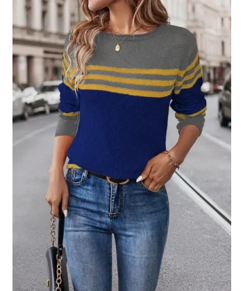 Kadın Uzun Kollu Bisiklet Yaka çok Renkli Triko Bluz