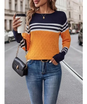 Kadın Uzun Kollu Bisiklet Yaka çok Renkli Triko Bluz