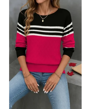Kadın Uzun Kollu Bisiklet Yaka çok Renkli Triko Bluz