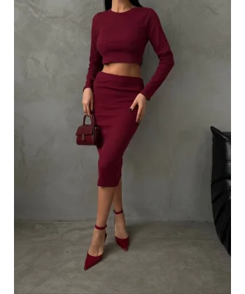 Kadın Uzun Kollu Bisiklet Yaka Crop Ve Midi Boy Kaşkorse Kumaş Etek Ikili Takım