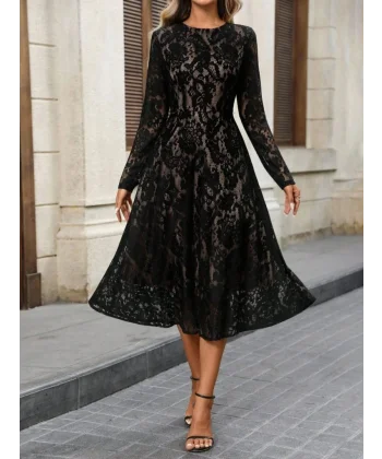 Kadın Uzun Kollu Bisiklet Yaka Dantelli Astarlı Midi Elbise