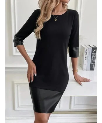 Kadın Uzun Kollu Bisiklet Yaka Deri Detaylı Ithal Krep Elbise