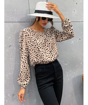 Kadın Uzun Kollu Bisiklet Yaka Desenli Bluz