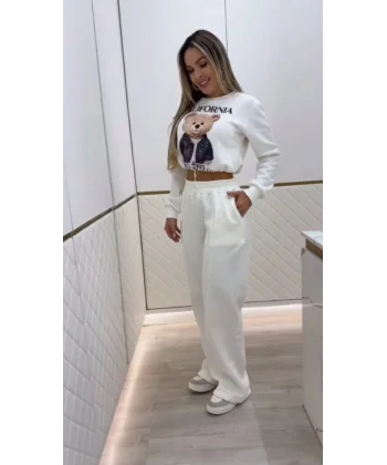 Kadın Uzun Kollu Bisiklet Yaka Desenli Iki Iplik şardonlu Bluz Ve Pantolon Ikili Takım