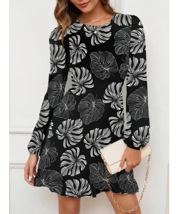 Kadın Uzun Kollu Bisiklet Yaka Desenli Kısa Krep Elbise