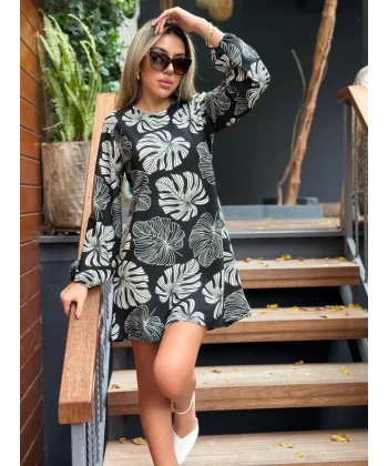 Kadın Uzun Kollu Bisiklet Yaka Desenli Kısa Krep Elbise