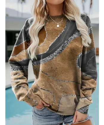 Kadın Uzun Kollu Bisiklet Yaka Desenli Modal Bluz