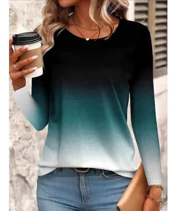 Kadın Uzun Kollu Bisiklet Yaka Desenli Süprem Bluz