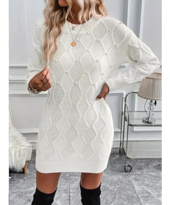 Kadın Uzun Kollu Bisiklet Yaka Desenli Triko Elbise