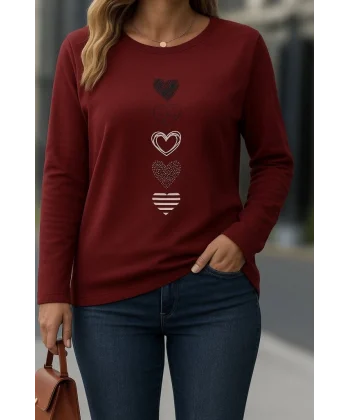 Kadın Uzun Kollu Bisiklet Yaka Desenli Viskon Bluz