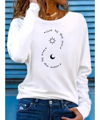 Kadın Uzun Kollu Bisiklet Yaka Desenli Viskon Bluz