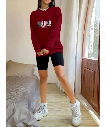 Kadın Uzun Kollu Bisiklet Yaka Desenli Viskon Iki Iplik Bluz