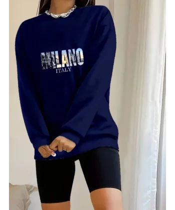 Kadın Uzun Kollu Bisiklet Yaka Desenli Viskon Iki Iplik Bluz