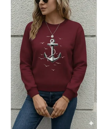 Kadın Uzun Kollu Bisiklet Yaka Desenli Viskon Iki Iplik Bluz