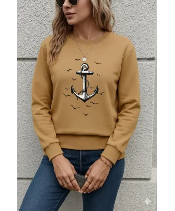 Kadın Uzun Kollu Bisiklet Yaka Desenli Viskon Iki Iplik Bluz