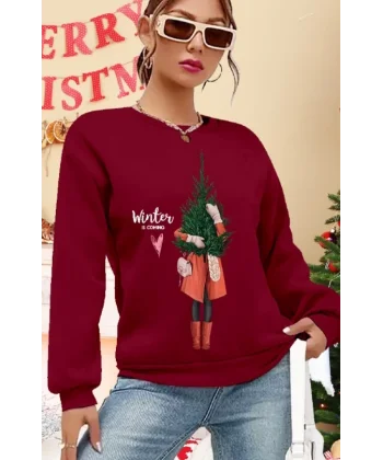 Kadın Uzun Kollu Bisiklet Yaka Desenli Viskon Iki Iplik Bluz