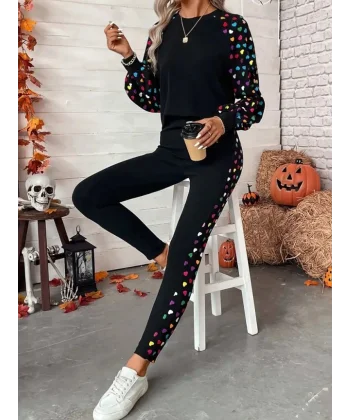 Kadın Uzun Kollu Bisiklet Yaka Desenli Viskon Iki Iplik Bluz Ve Pantolon Ikili Takım