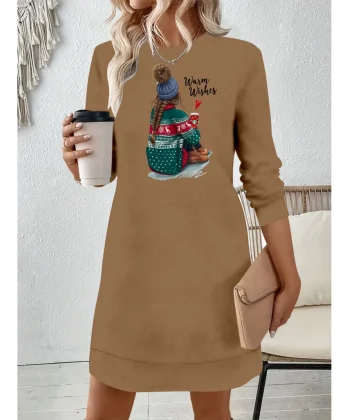 Kadın Uzun Kollu Bisiklet Yaka Desenli Viskon Iki Iplik Elbise