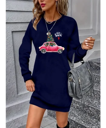 Kadın Uzun Kollu Bisiklet Yaka Desenli Viskon Iki Iplik Elbise