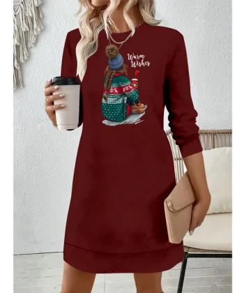 Kadın Uzun Kollu Bisiklet Yaka Desenli Viskon Iki Iplik Elbise