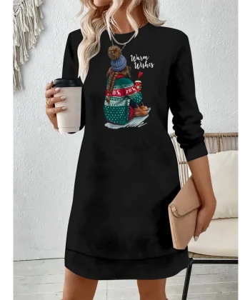 Kadın Uzun Kollu Bisiklet Yaka Desenli Viskon Iki Iplik Elbise