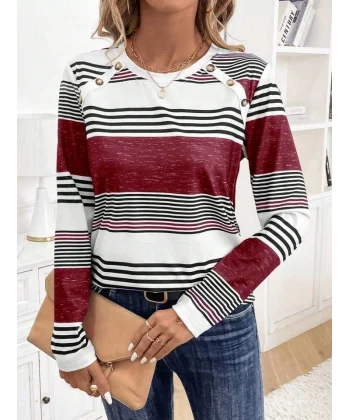 Kadın Uzun Kollu Bisiklet Yaka Düğme Detaylı Desenli Süprem Bluz