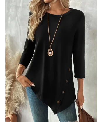 Kadın Uzun Kollu Bisiklet Yaka Etek Ucu Asimetrik Kesim Düğme Detaylı Viskon Bluz