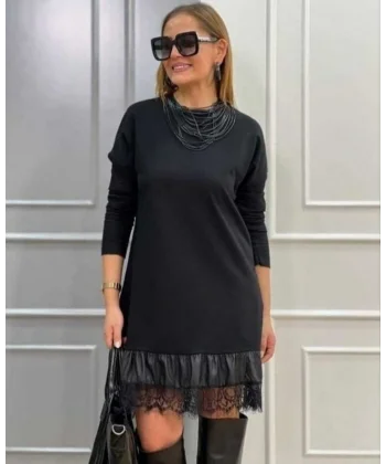 Kadın Uzun Kollu Bisiklet Yaka Etek Ucu Deri Dantelli Viskon Iki Iplik Midi Elbise