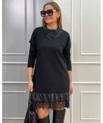 Kadın Uzun Kollu Bisiklet Yaka Etek Ucu Deri Ve Tül Detay Iki Iplik Mini Boy Elbise