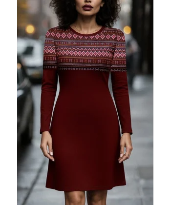 Kadın Uzun Kollu Bisiklet Yaka Etnik Desenli Kısa şardonlu Dalgıç Elbise