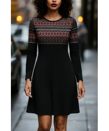 Kadın Uzun Kollu Bisiklet Yaka Etnik Desenli Kısa şardonlu Dalgıç Elbise