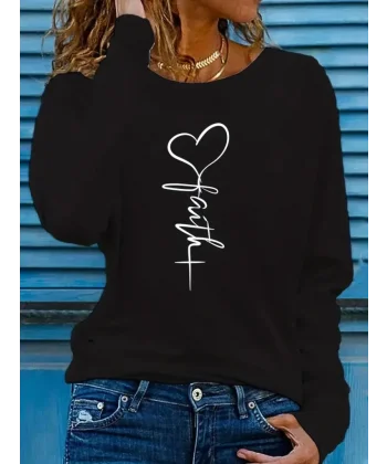 Kadın Uzun Kollu Bisiklet Yaka Faith Baskılı Viskon Bluz