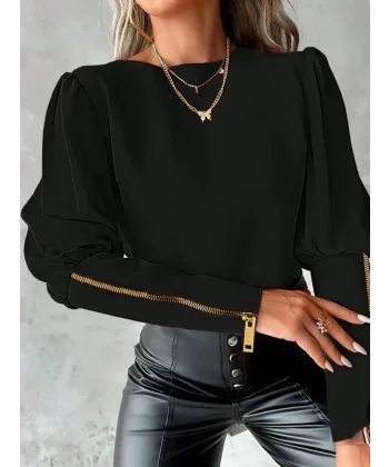 Kadın Uzun Kollu Bisiklet Yaka Fermuar Detaylı Ithal Krep Bluz