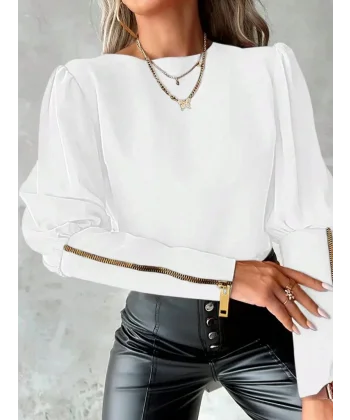 Kadın Uzun Kollu Bisiklet Yaka Fermuar Detaylı Ithal Krep Bluz