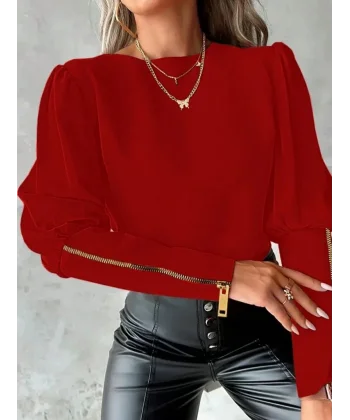 Kadın Uzun Kollu Bisiklet Yaka Fermuar Detaylı Ithal Krep Bluz